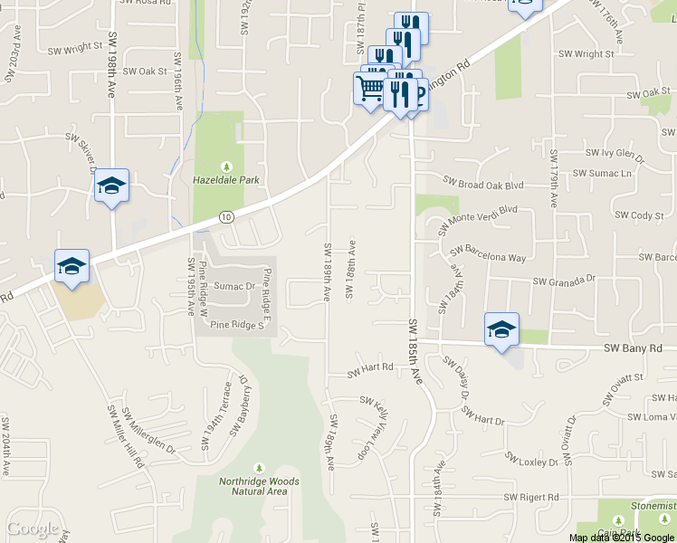map of restaurants, bars, coffee shops, grocery stores, and more near 6980 Southwest 189th Avenue in Beaverton