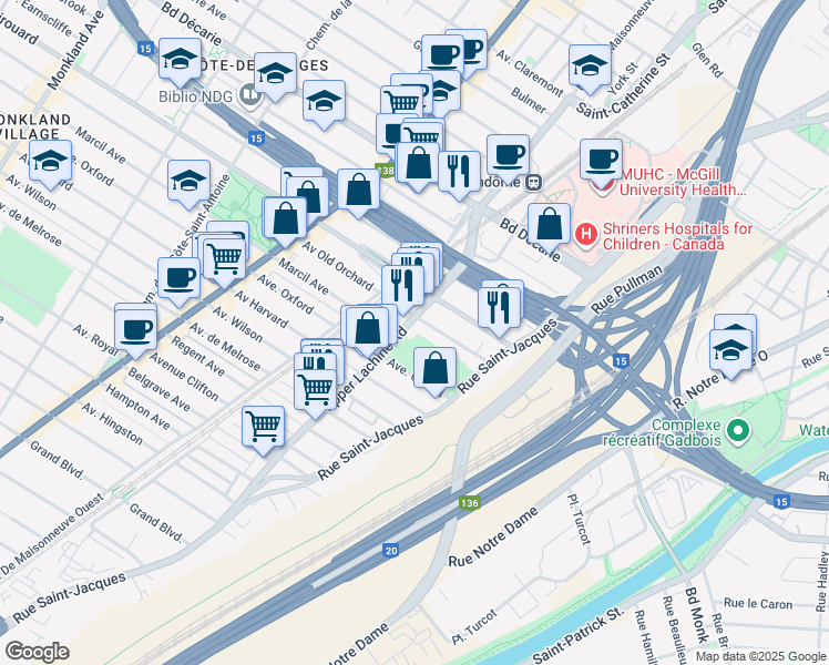 map of restaurants, bars, coffee shops, grocery stores, and more near 5600 Chemin Upper Lachine in Montréal