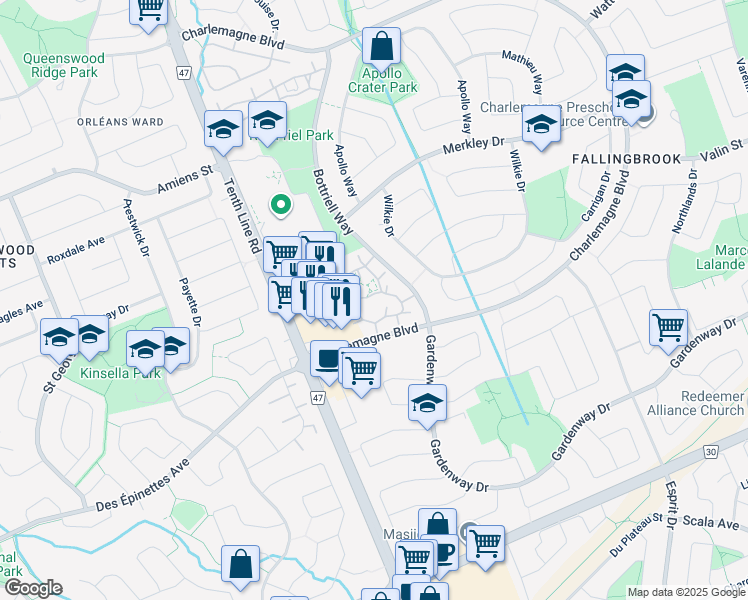 map of restaurants, bars, coffee shops, grocery stores, and more near 1810 Marsala Crescent in Ottawa