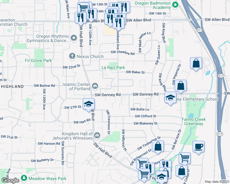 map of restaurants, bars, coffee shops, grocery stores, and more near 12036 Southwest Camden Lane in Beaverton