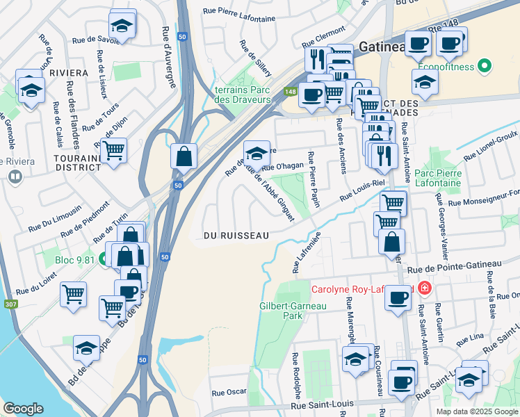 map of restaurants, bars, coffee shops, grocery stores, and more near 18 Rue Gilbert-Garneau in Gatineau