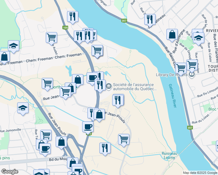 map of restaurants, bars, coffee shops, grocery stores, and more near in Gatineau