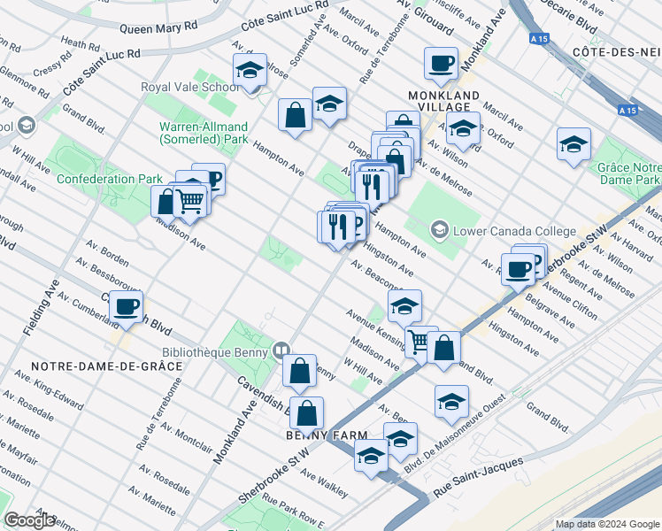 map of restaurants, bars, coffee shops, grocery stores, and more near 6169 Avenue de Monkland in Montréal