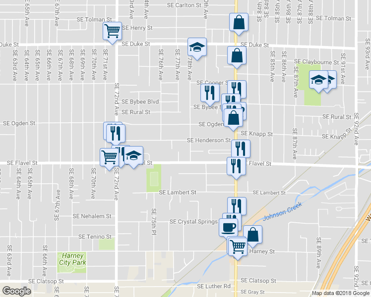 map of restaurants, bars, coffee shops, grocery stores, and more near 7431 Southeast 78th Avenue in Portland