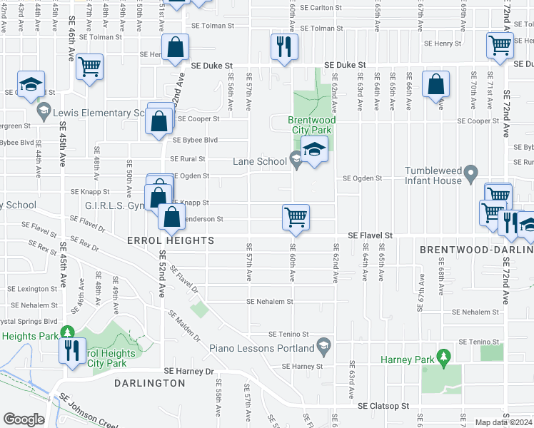 map of restaurants, bars, coffee shops, grocery stores, and more near 5811 Southeast Henderson Street in Portland