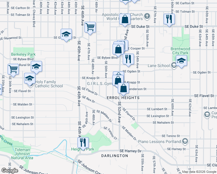 map of restaurants, bars, coffee shops, grocery stores, and more near 7412 SE 50th Ave in Portland