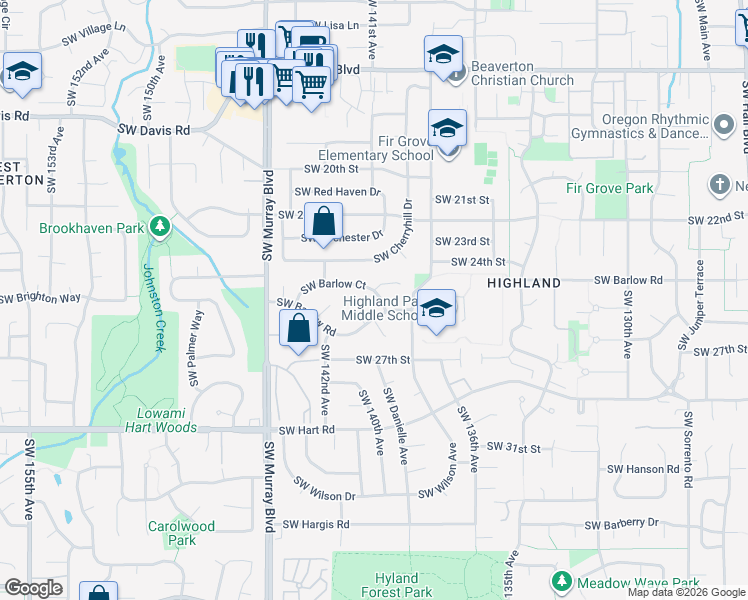 map of restaurants, bars, coffee shops, grocery stores, and more near 14050 SW Barlow Ct in Beaverton