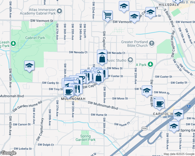map of restaurants, bars, coffee shops, grocery stores, and more near 7611 Southwest 31st Avenue in Portland