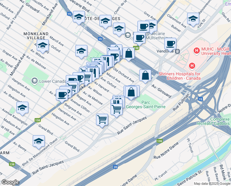 map of restaurants, bars, coffee shops, grocery stores, and more near 2151 Avenue Harvard in Montréal