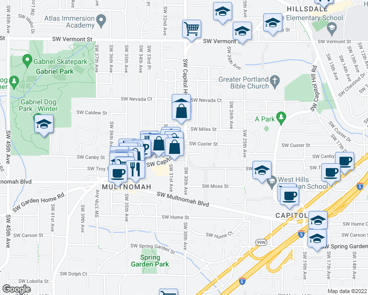 map of restaurants, bars, coffee shops, grocery stores, and more near 7614 Southwest Capitol Highway in Portland