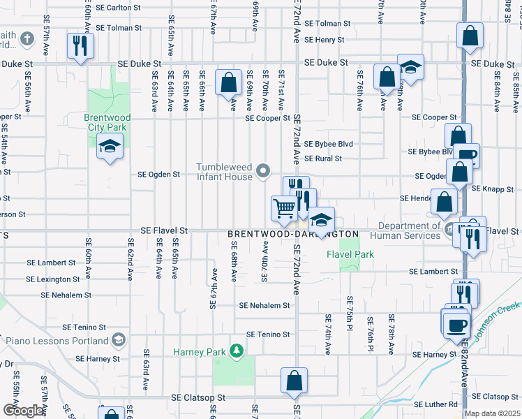 map of restaurants, bars, coffee shops, grocery stores, and more near 7414 Southeast 69th Avenue in Portland