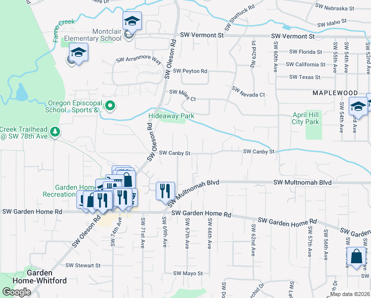 map of restaurants, bars, coffee shops, grocery stores, and more near 6735 SW Canby St in Portland