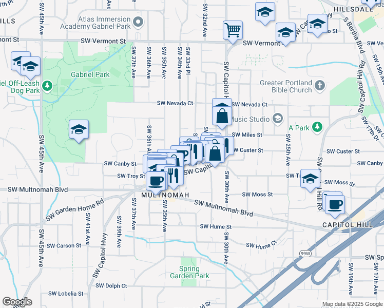 map of restaurants, bars, coffee shops, grocery stores, and more near 7609 Southwest 33rd Avenue in Portland