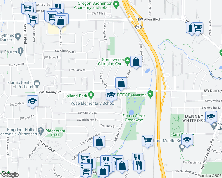 map of restaurants, bars, coffee shops, grocery stores, and more near 6970 Southwest King Boulevard in Beaverton