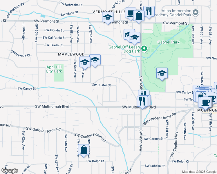 map of restaurants, bars, coffee shops, grocery stores, and more near 5002 Southwest Custer Street in Portland