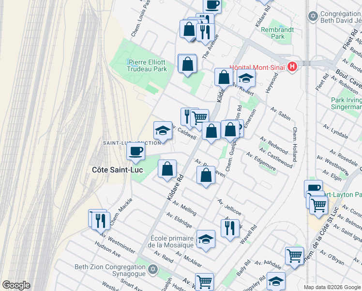 map of restaurants, bars, coffee shops, grocery stores, and more near 5780 Avenue Mapleridge in Côte Saint-Luc