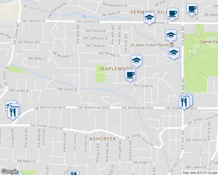 map of restaurants, bars, coffee shops, grocery stores, and more near 5506 Southwest Custer Street in Portland