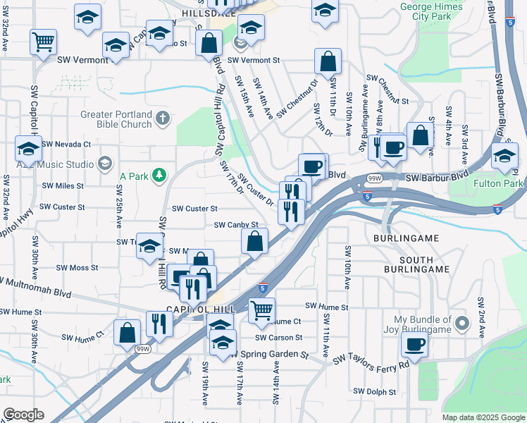 map of restaurants, bars, coffee shops, grocery stores, and more near 7610 Southwest 17th Drive in Portland