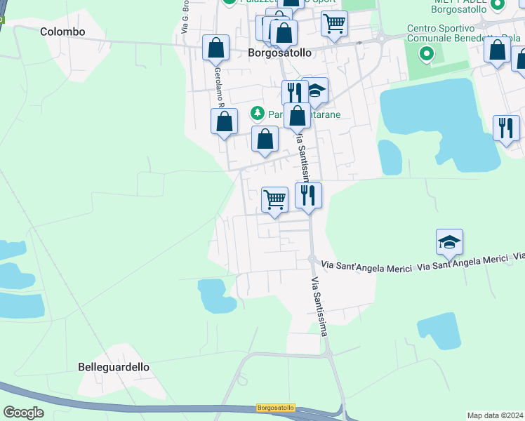 map of restaurants, bars, coffee shops, grocery stores, and more near 30 Via V. Bellini in Borgosatollo