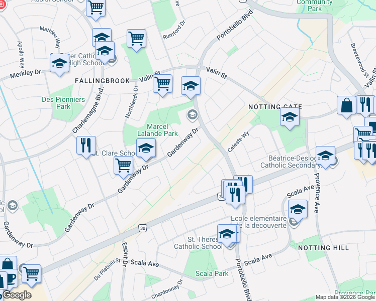 map of restaurants, bars, coffee shops, grocery stores, and more near 897 Paradise Crescent in Ottawa