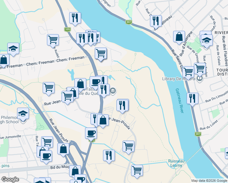 map of restaurants, bars, coffee shops, grocery stores, and more near 1040 Boulevard Saint-Joseph in Gatineau