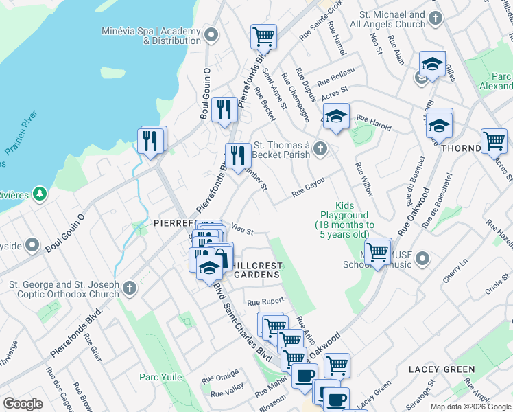 map of restaurants, bars, coffee shops, grocery stores, and more near Rue Panet in Montréal