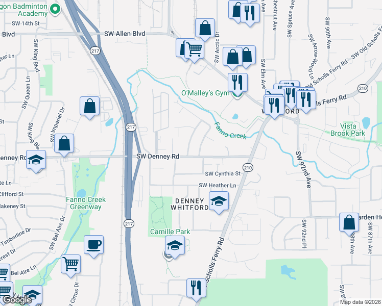 map of restaurants, bars, coffee shops, grocery stores, and more near 6970 Southwest Oakwood Drive in Beaverton