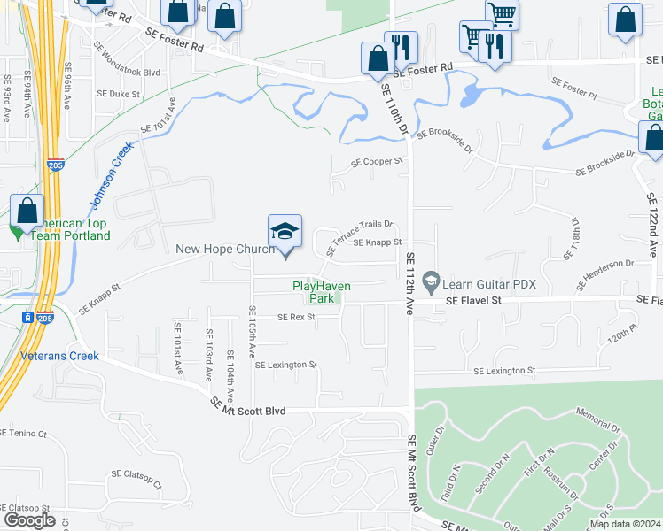 map of restaurants, bars, coffee shops, grocery stores, and more near 7114 Southeast Terrace Trails Drive in Portland