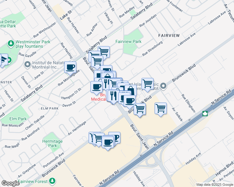 map of restaurants, bars, coffee shops, grocery stores, and more near in Pointe-Claire