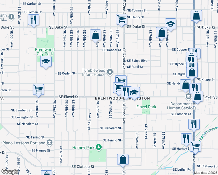 map of restaurants, bars, coffee shops, grocery stores, and more near 7414 Southeast 69th Avenue in Portland