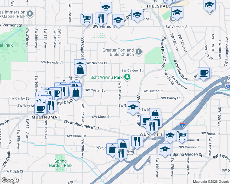 map of restaurants, bars, coffee shops, grocery stores, and more near 2526 Southwest Custer Street in Portland