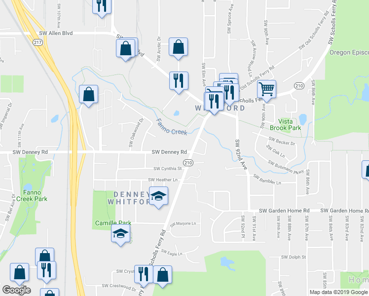 map of restaurants, bars, coffee shops, grocery stores, and more near 9721 Southwest Denney Road in Beaverton