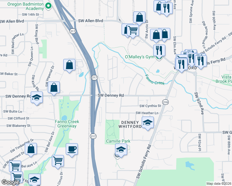 map of restaurants, bars, coffee shops, grocery stores, and more near 10305 Southwest Denney Road in Beaverton