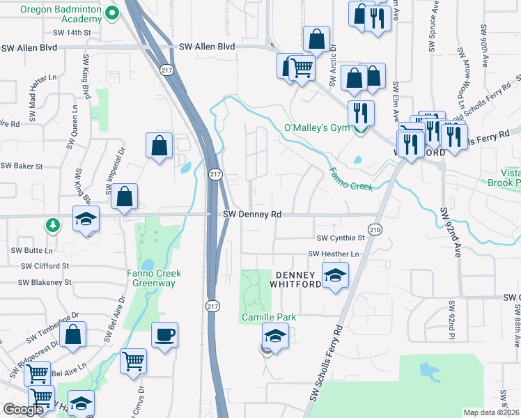 map of restaurants, bars, coffee shops, grocery stores, and more near 10305 Southwest Denney Road in Beaverton
