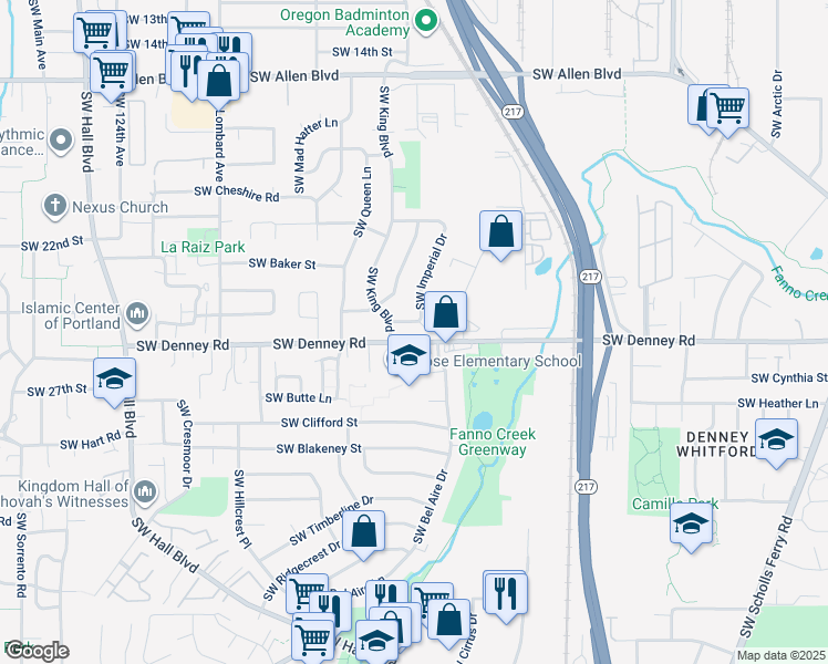 map of restaurants, bars, coffee shops, grocery stores, and more near 6970 Southwest King Boulevard in Beaverton