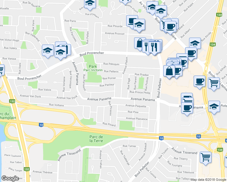 map of restaurants, bars, coffee shops, grocery stores, and more near 1195 Rue Parnasse in Brossard