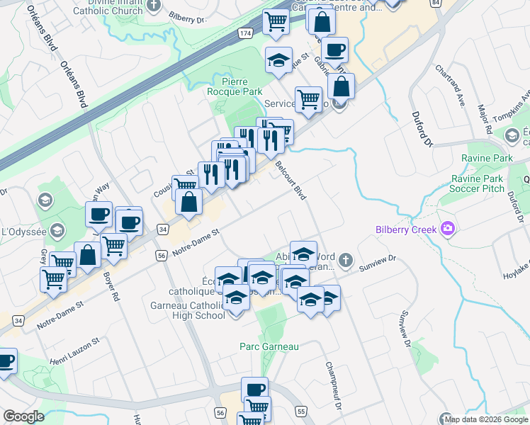 map of restaurants, bars, coffee shops, grocery stores, and more near 6988 Notre-Dame Street in Ottawa