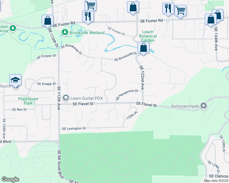 map of restaurants, bars, coffee shops, grocery stores, and more near 7348 Southeast 118th Drive in Portland