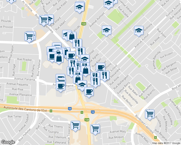 map of restaurants, bars, coffee shops, grocery stores, and more near 2485 Boulevard Lapinière in Brossard