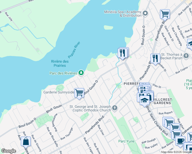 map of restaurants, bars, coffee shops, grocery stores, and more near 17445 Rue Julie in Montreal
