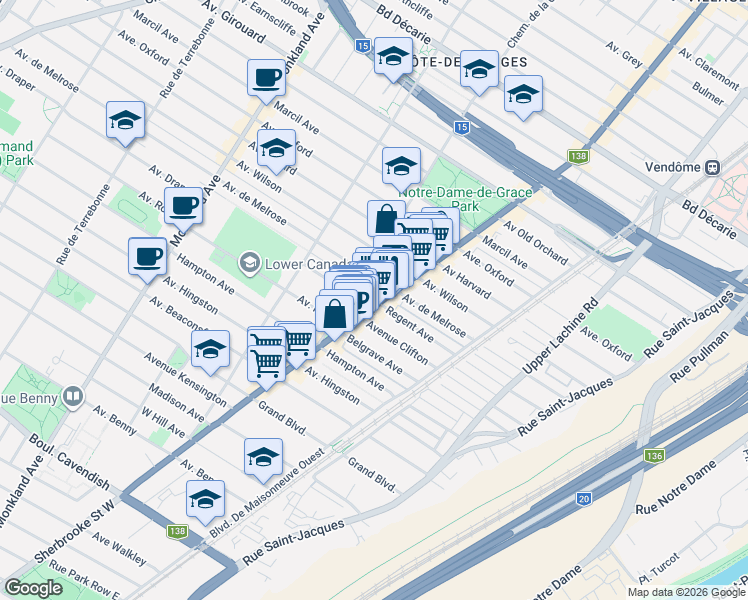 map of restaurants, bars, coffee shops, grocery stores, and more near 5841 Rue Sherbrooke Ouest in Montréal