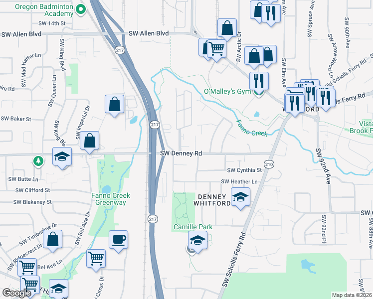 map of restaurants, bars, coffee shops, grocery stores, and more near 10305 Southwest Denney Road in Beaverton