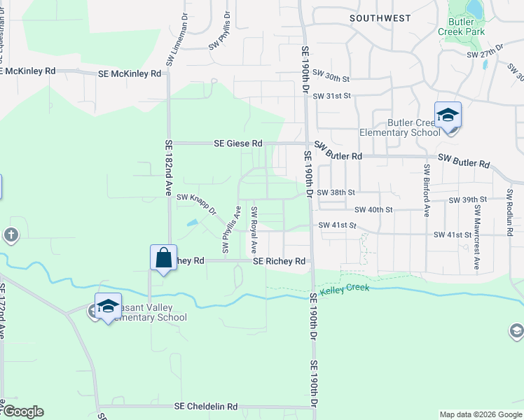 map of restaurants, bars, coffee shops, grocery stores, and more near 3739 Southwest 40th Street in Gresham