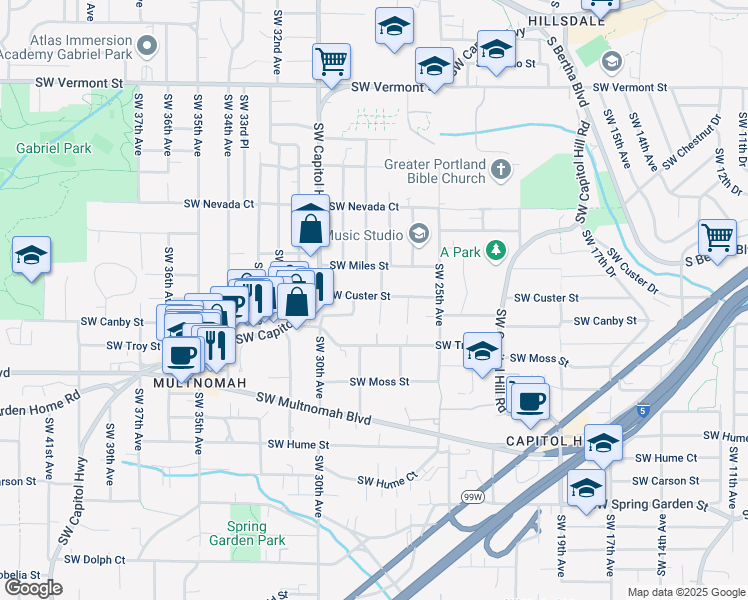 map of restaurants, bars, coffee shops, grocery stores, and more near 7606 Southwest 30th Drive in Portland