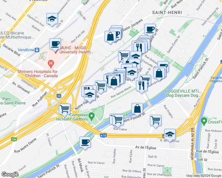 map of restaurants, bars, coffee shops, grocery stores, and more near 5157 Rue Notre-Dame Ouest in Montréal