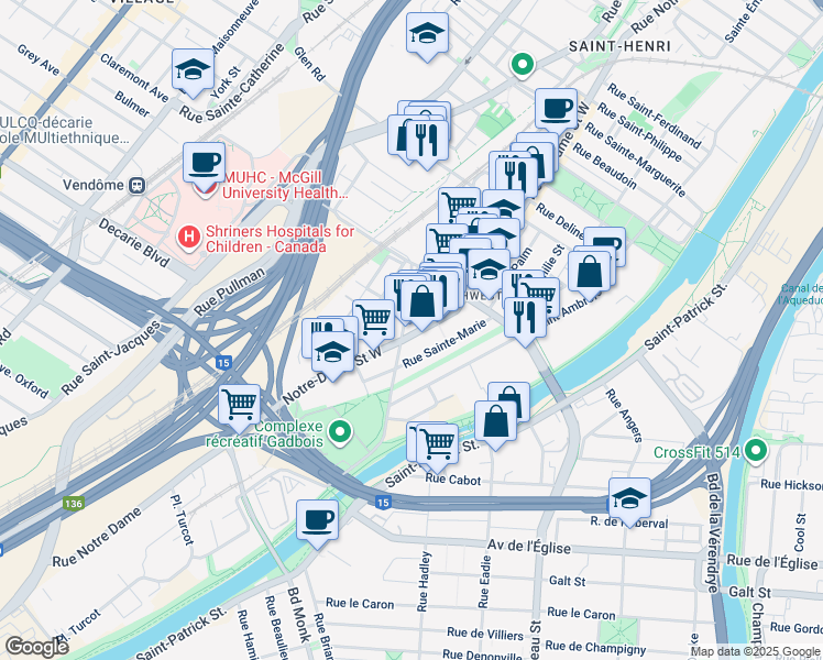 map of restaurants, bars, coffee shops, grocery stores, and more near in Montreal