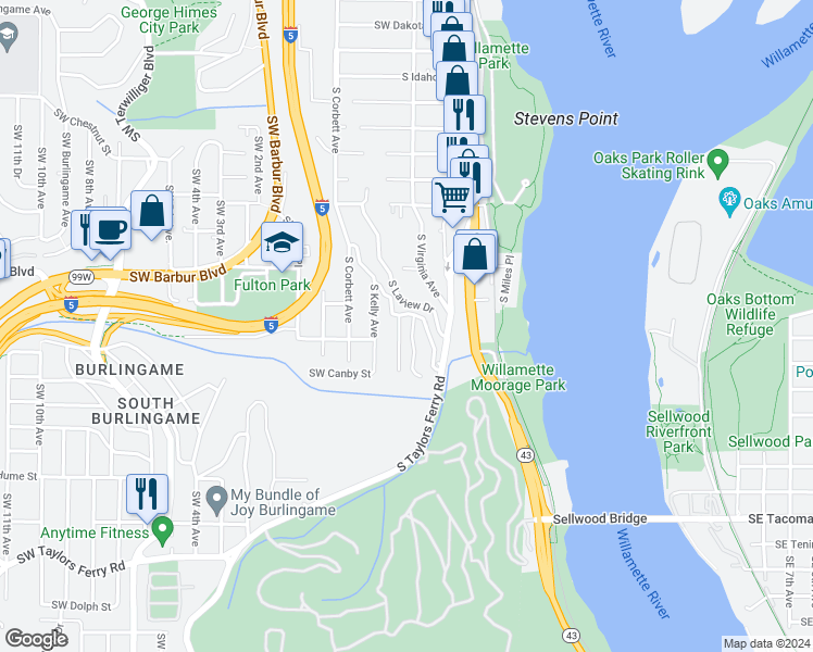 map of restaurants, bars, coffee shops, grocery stores, and more near 7611 Southwest Fulton Park Place in Portland
