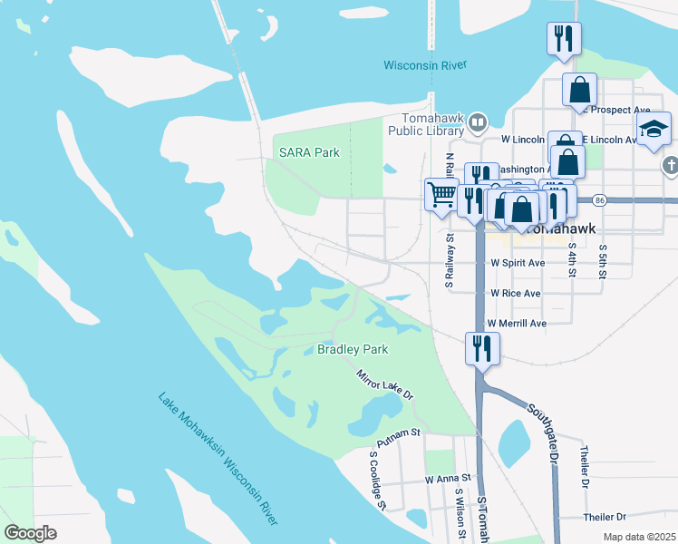 map of restaurants, bars, coffee shops, grocery stores, and more near 310 Marinette Street in Tomahawk