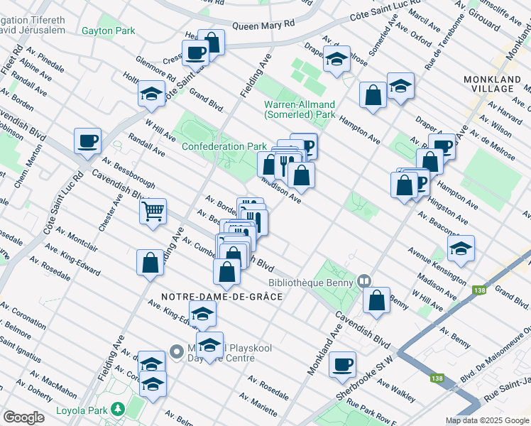 map of restaurants, bars, coffee shops, grocery stores, and more near 6355 Somerled Avenue in Montreal