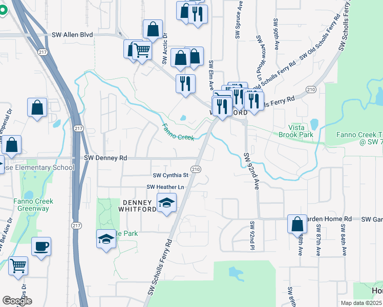 map of restaurants, bars, coffee shops, grocery stores, and more near 9721 Southwest Denney Road in Beaverton